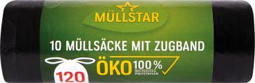 müllstar Öko-Müllsäcke 120 Liter, mit Zugband, schwarz/blickdicht, 100 % Recycling, 10 Stück