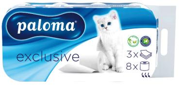 Paloma Exclusive Toilettenpapier 3-lagig, weiß mit Prägung, 100 % Zellstoff, 8 x 150 Blatt