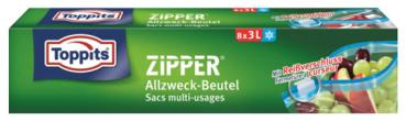 Toppits Zipper Allzweckbeutel 3 Liter, Frischhalte-/Aufbewahrungsbeutel mit Reißverschluss, 8 Stück