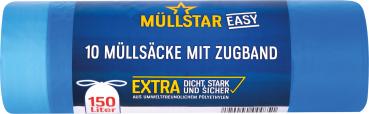 müllstar easy Müllsäcke 150 Liter, mit Zugband, blau/transparent, extra dicht, stark und sicher, 10 Stück