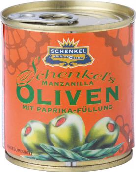 Schenkel Oliven "Manzanilla" grün, mit Paprika-Füllung, aus Spanien