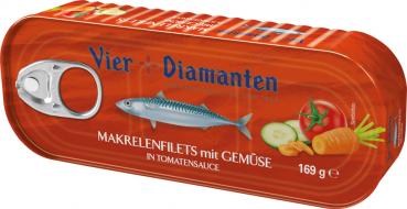 Vier Diamanten Makrelenfilets mit Gemüse und Tomatensauce