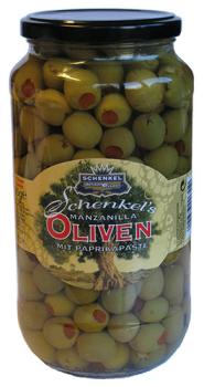 Schenkel Oliven "Manzanilla" grün, mit Paprikapaste gefüllt, aus Spanien