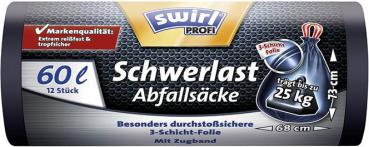 Swirl Profi Schwerlast-Abfallsäcke Reißfest & Dicht 60 Liter, mit Zugband, schwarz/blickdicht, trägt bis zu 25 kg, aus 80 % recyceltem Plastik