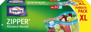 Toppits Zipper Allzweckbeutel 3 Liter, Frischhalte-/Aufbewahrungsbeutel mit Reißverschluss, Vorratspackung XL, 18 Stück