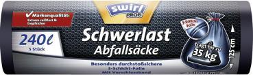 Swirl Profi Schwerlast-Abfallsäcke Reißfest & Dicht 240 Liter, mit Verschlussband, schwarz/blickdicht, trägt bis zu 35 kg, aus 80 % recyceltem Plastik