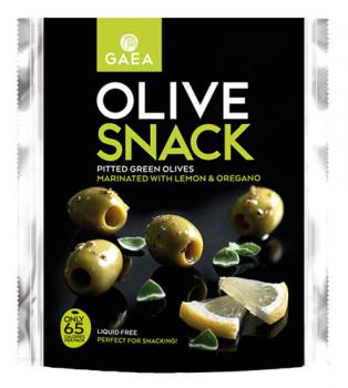Gaea Pitted Green Olive Snack, grüne marinierte Oliven aus Griechenland (ohne Kern), im Snack-Pack/Einzelportion