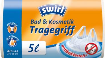 Swirl Müllbeutel Reißfest & Dicht Bad & Kosmetik 5 Liter, mit Tragegriff, weiss/teil-transparent, aus 80 % recyceltem Plastik