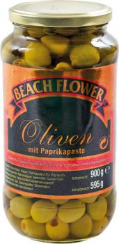 Beach Flower Spanische Oliven grün mit Paprikapaste, ohne Kern, 595 Gramm (Abtropfgewicht)