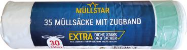 müllstar Müllsäcke 30 Liter, mit Zugband, blau/transparent, extra dicht, stark und sicher, 35 Stück