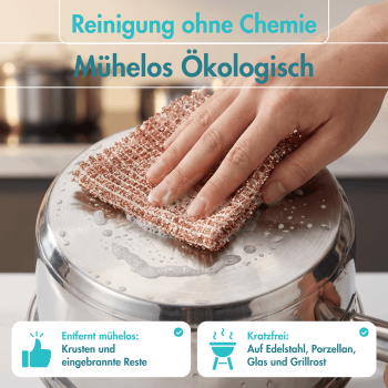 Haushalt und Genuss Kupfertuch 5 Stück Set Kratzfrei für Edelstahl Ceranfeld Glas & Grillrost Kupferlappen ca. 15x15 cm rostet nicht langlebig & umweltfreundlich, 80g