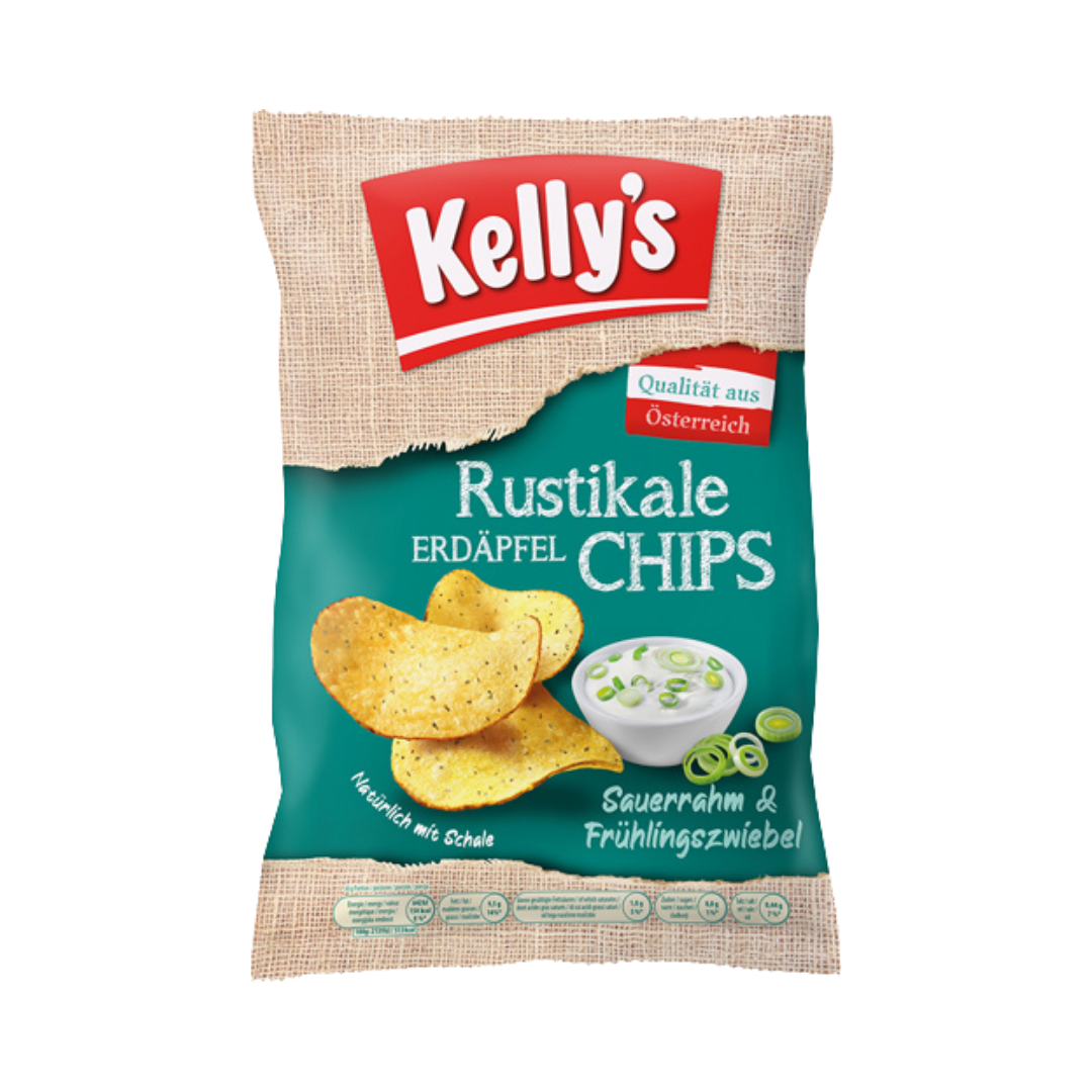 Kelly's Rustikale Erdäpfel Chips Sauerrahm & Frühlingszwiebel, natürlich mit Schale, 110g