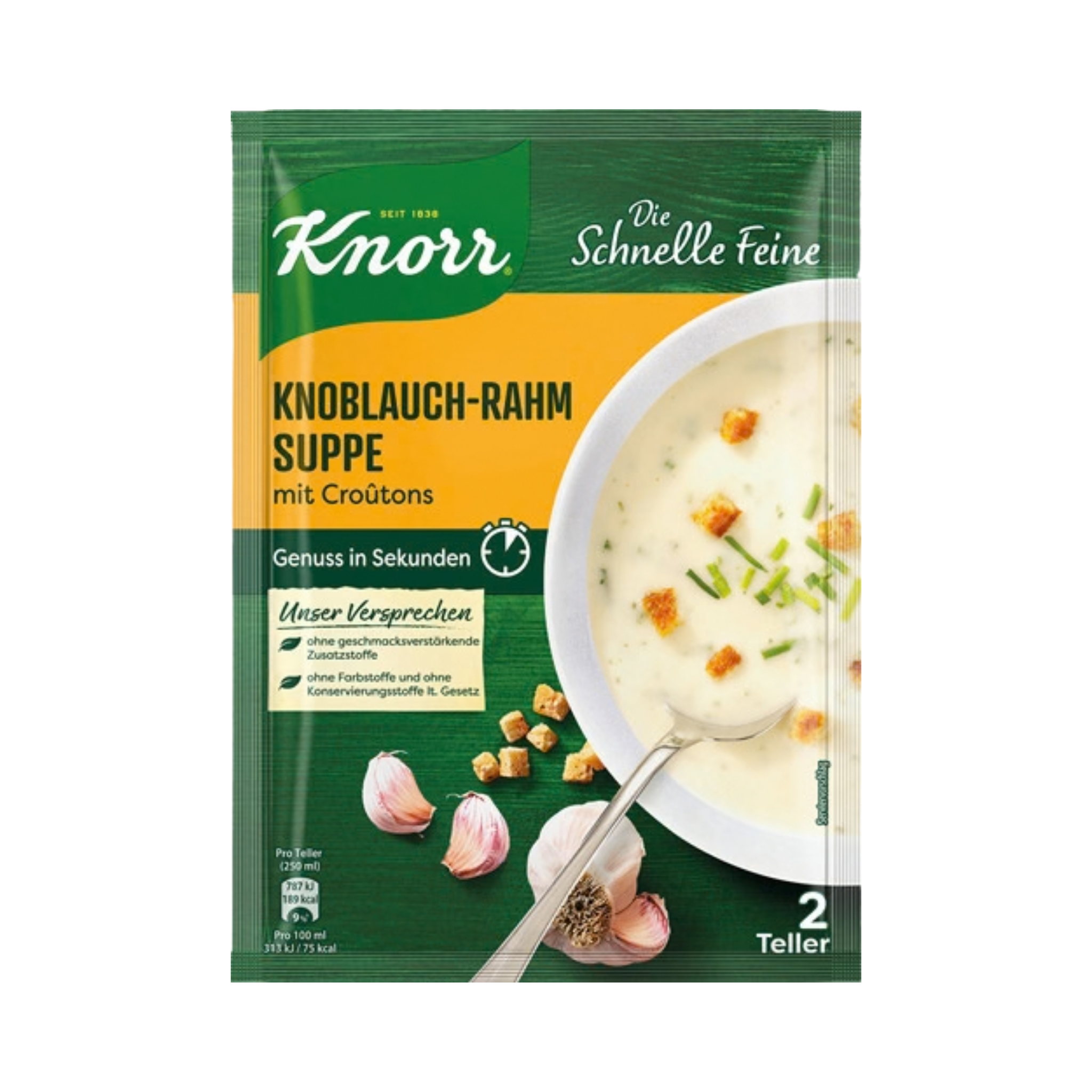 Knorr Die Schnelle Feine Knoblauch-Rahm-Suppe mit Croûtons, 2 Teller, 69g