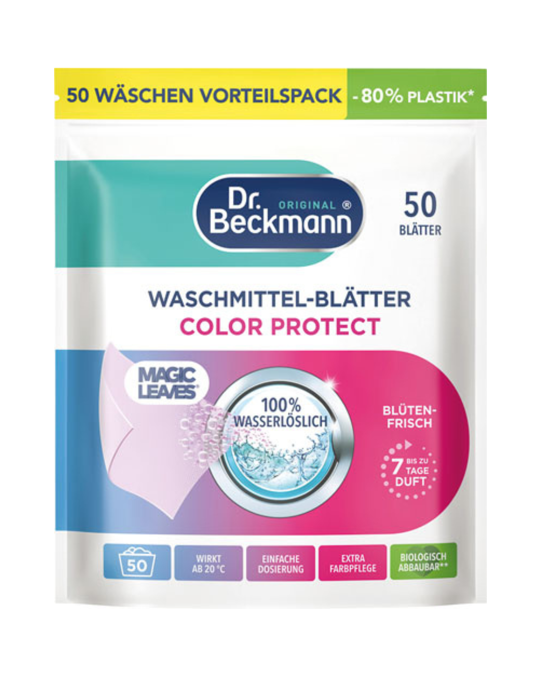 Dr. Beckmann Magic Leaves Waschmittel Blätter Color Protect Blütenfrisch, 100 % wasserlöslich, 200g
