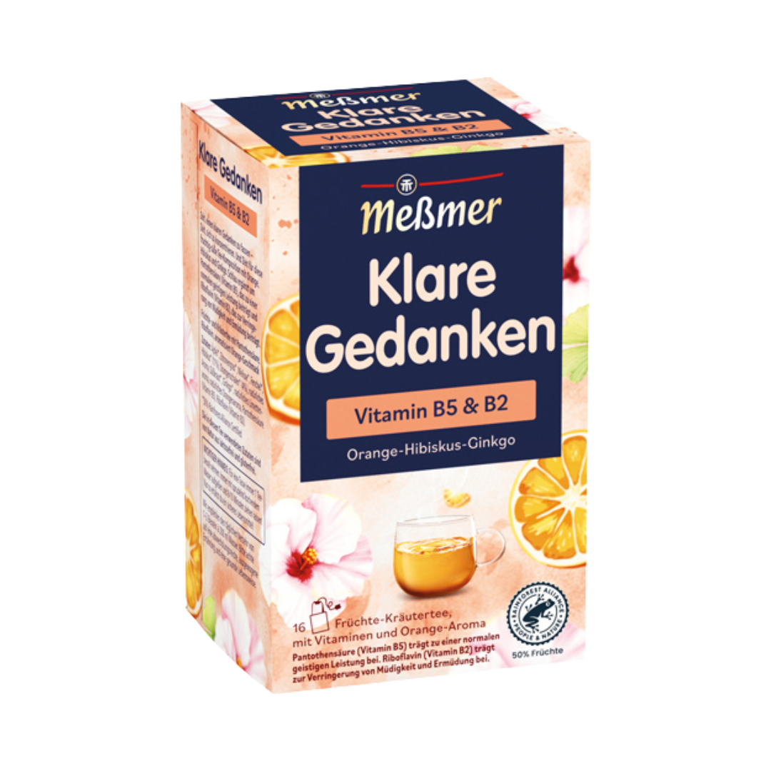 Meßmer Klare Gedanken Orange­Hibiskus­Ginkgo, Früchte­Kräutertee, Teebeutel im Kuvert, 2. Entnahmefach/displaytauglich, 36g