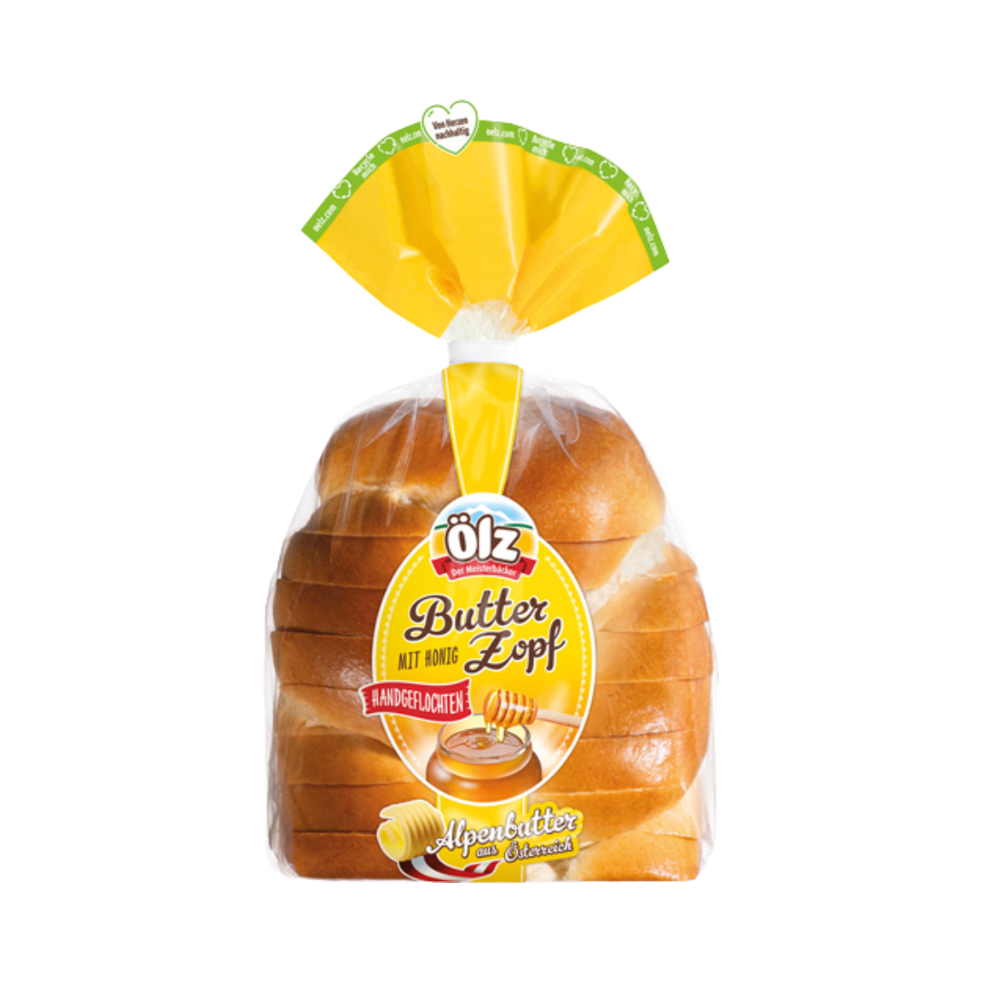 Ölz Butterzopf mit Honig, handgeflochten, geschnitten, 235g