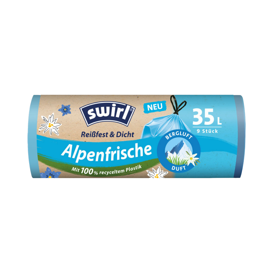 Swirl Duft-Müllbeutel Reißfest & Dicht 35 Liter Alpenfrische, mit Zugband, blau/blickdicht, 55 x 63 cm, aus 100 % recyceltem Plastik, 9 Stück