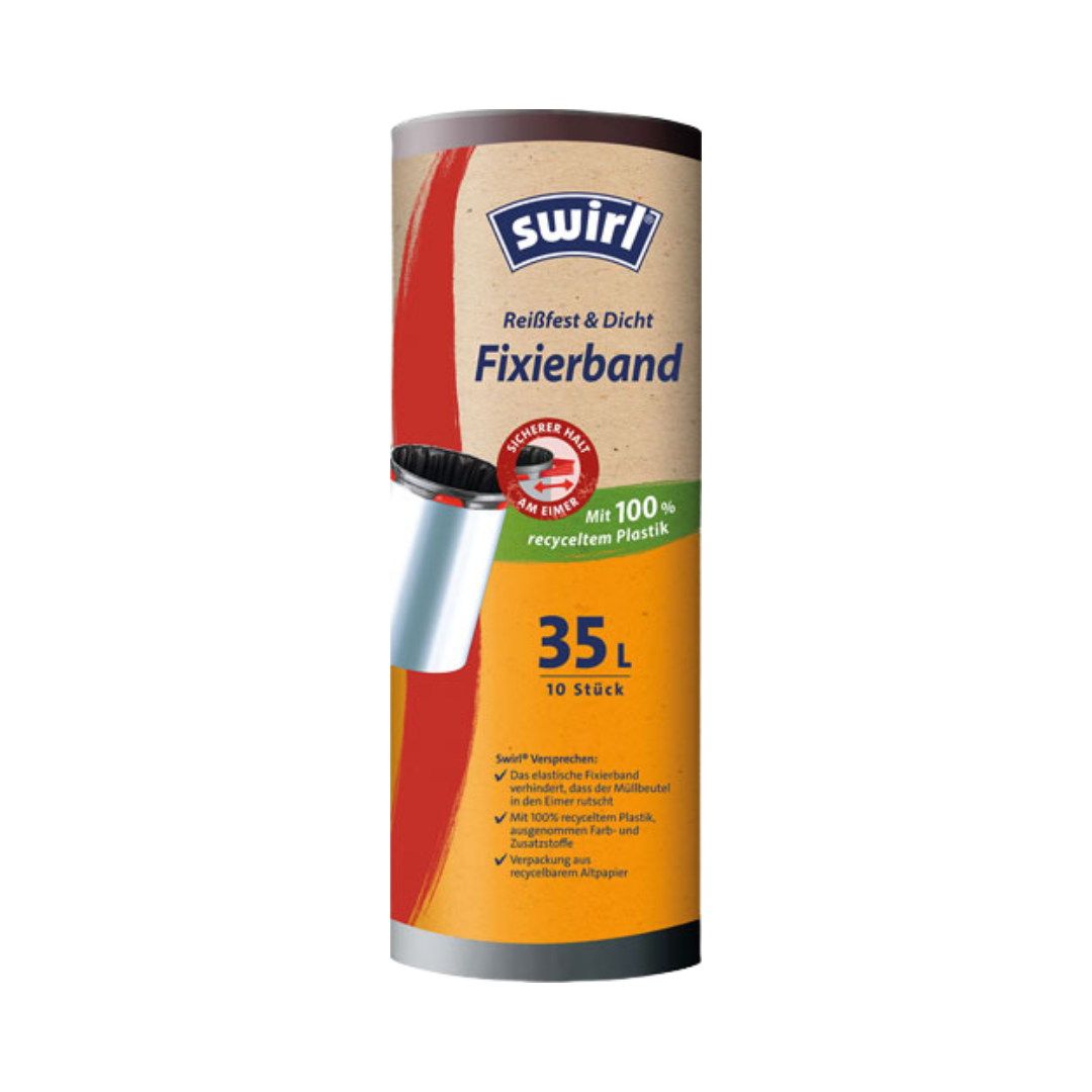 Swirl Fixierband­Müllbeutel Reißfest & Dicht 35 Liter, mit Elastikband, grau/blickdicht, 65 x 63 cm, aus 100 % recyceltem Plastik, 10 Stück