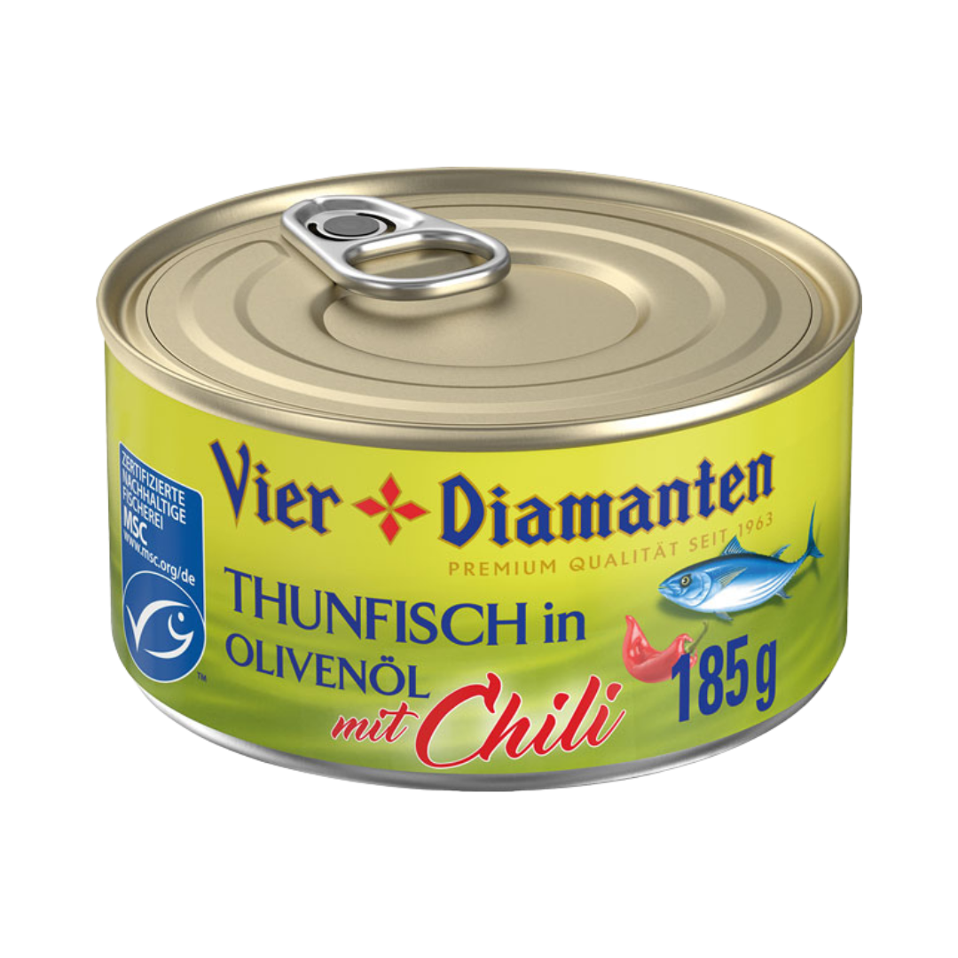 Vier Diamanten MSC Thunfisch in Olivenöl mit Chili, 129,5 Gramm (Abtropfgewicht)