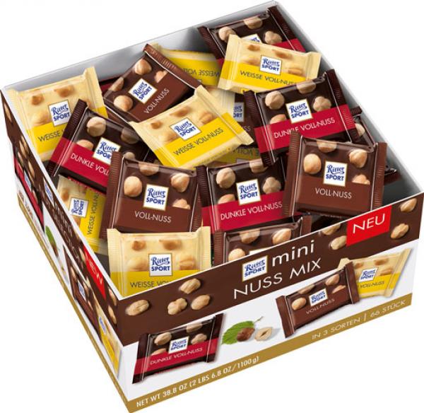 Ritter Sport Mini Nuss Mix, 3 Sorten (Voll-Nuss, Dunkle Voll-Nuss, Weisse Voll-Nuss), 66 Stück, 1.1 kg