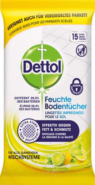Dettol Feuchte Bodentücher Zitrone & Limette, für alle gängigen Wischsysteme, 15 Stück