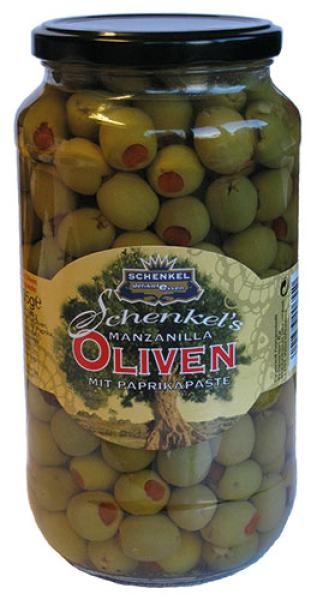 Schenkel Oliven "Manzanilla" grün, mit Paprikapaste gefüllt, aus Spanien