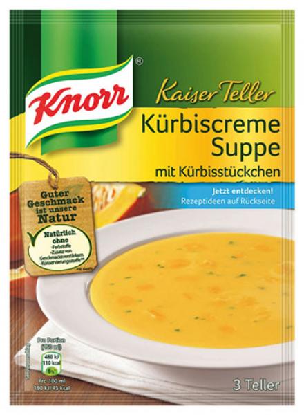 Knorr Kaiser Teller Kürbiscreme-Suppe mit Kürbisstücken, 3 Teller