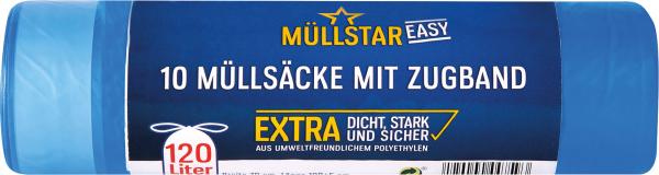 müllstar easy Müllsäcke 120 Liter, mit Zugband, blau/transparent, extra dicht, stark und sicher, 10 Stück