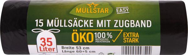 müllstar easy Öko-Müllsäcke 35 Liter, mit Zugband, schwarz/blickdicht, 100 % Recycling, 15 Stück