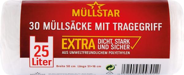 müllstar Müllsäcke 25 Liter, mit Tragegriff, weiss/transparent, extra dicht, stark und sicher, 30 Stück