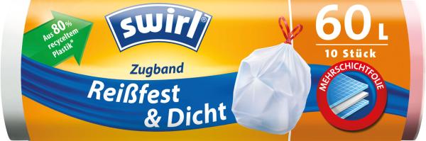 Swirl Müllbeutel Reißfest & Dicht 60 Liter, mit Zugband, weiss/blickdicht, aus 80 % recyceltem Plastik