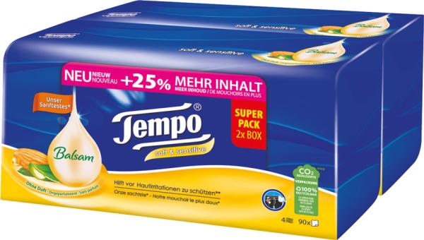 Tempo Soft & Sensitive Balsam Taschentücher-Duobox, 4-lagig, 2 x 90 Stück, waschmaschinenfest