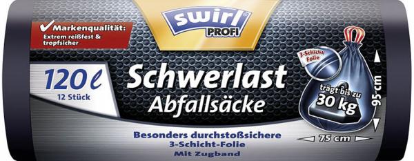 Swirl Profi Schwerlast-Abfallsäcke Reißfest & Dicht 120 Liter, mit Zugband, schwarz/blickdicht, trägt bis zu 30 kg, aus 80 % recyceltem Plastik