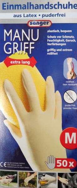 Sänger Einweghandschuhe aus Latex Größe M, weiss, puderfrei, unsteril, Manu Griff extra lang, Spenderbox