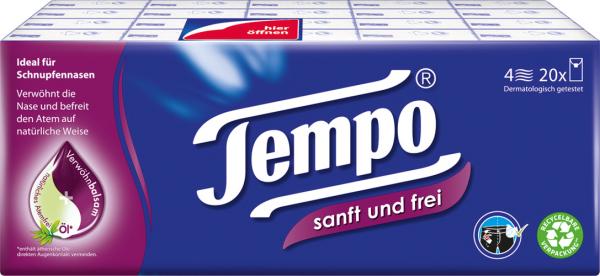 Tempo Sanft und Frei Taschentücher, 4-lagig, mit Verwöhnbalsam & Atemfrei Ölen, 20 x 9 Stück, waschmaschinenfest