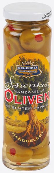 Schenkel Oliven "Manzanilla" grün, gefüllt mit echtem Paprika, handgelegt, aus Spanien