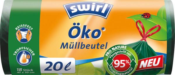 Swirl Öko-Müllbeutel Reißfest & Dicht 20 Liter, mit Zugband, dunkelgrün/blickdicht, aus 95 % Recyclingmaterial
