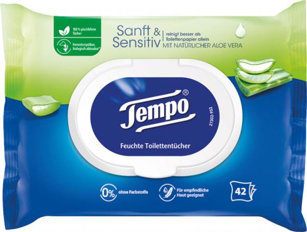 Tempo Feucht Sanft & Sensitiv mit Aloe Vera, Feuchte Toilettentücher, Nachfüllung, 42 Stück