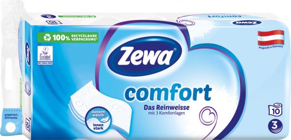 Zewa Comfort Das Reinweisse, Toilettenpapier 3-lagig, weiß bedruckt mit Prägung, 10 x 150 Blatt