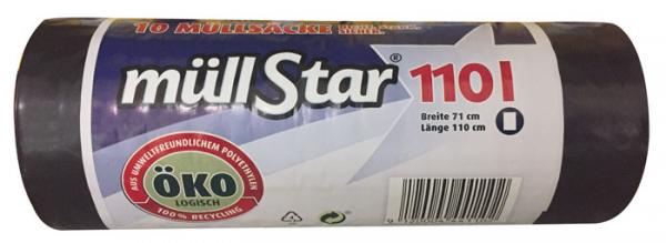 müllstar Öko-Müllsäcke 110 Liter dicht, stark, sicher, schwarz/blickdicht, 100 % Recycling, 10 Stück