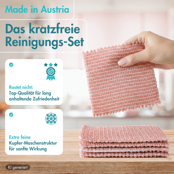 Haushalt und Genuss Kupfertuch 5 Stück Set Kratzfrei für Edelstahl Ceranfeld Glas & Grillrost Kupferlappen ca. 15x15 cm rostet nicht langlebig & umweltfreundlich, 80g