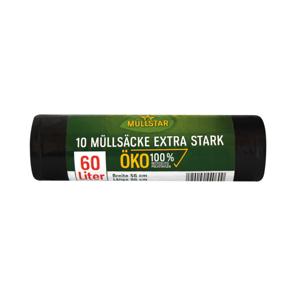 müllstar Öko-Müllsäcke 60 Liter extra strong, schwarz/blickdicht, 100 % Recycling, PREMIUM QUALITÄT: dicht, stark, sicher, 10 Stück
